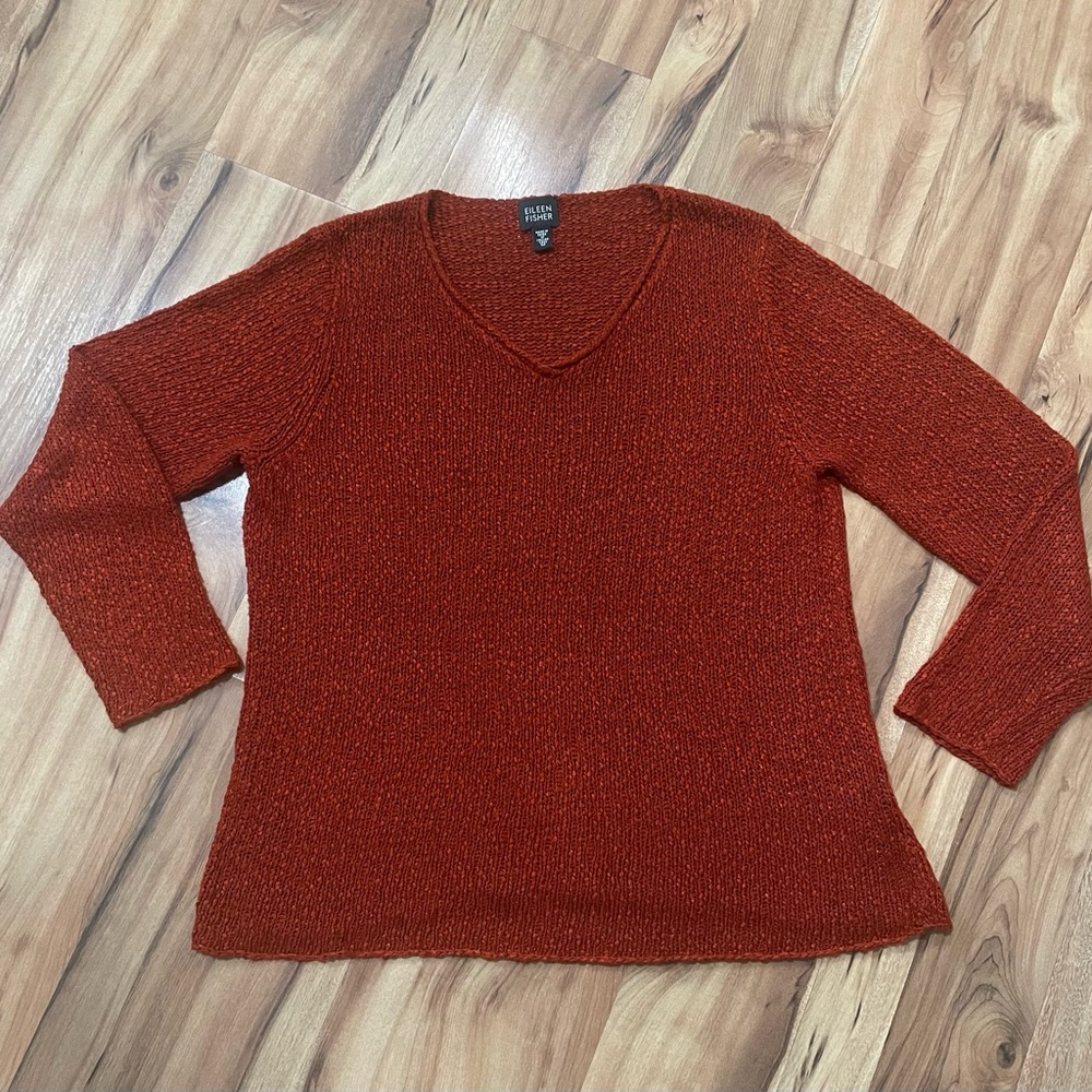 Eileen Fisher Rust Orange Slub Knit V-Neck Pullover Sweater - Relaxed Fit Sz M - Picture 1 of 6
